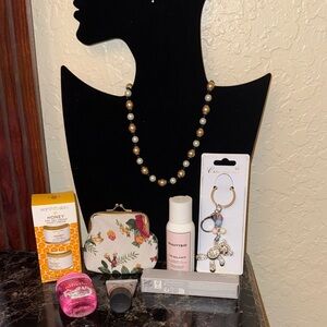 Floral Coin Purse and Pearl Necklace Bundle with keychain and 5 skincare